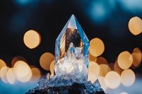 Clear crystal quartz point with natural inclusions on dark surface with warm bokeh lights creating magical atmosphere for meditation and healing practices.