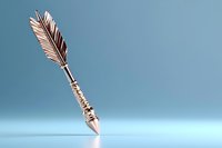 Decorative silver arrow with detailed feather design lying on reflective surface against blue background, elegant metallic finish suitable for jewelry and fantasy concepts.