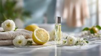 Elegant perfume bottle with fresh lemon and white flowers on marble surface, creating luxurious spa atmosphere for beauty and wellness advertising.