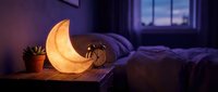 Young woman sleeping peacefully in cozy bedroom with glowing crescent moon lamp on nightstand creating warm ambient lighting for relaxation and rest.