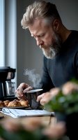 Mature bearded man enjoying hot coffee and croissants at kitchen table during peaceful morning routine at home.