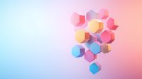 Geometric hexagonal shapes floating in pastel pink and blue gradient space creating modern minimalist composition for technology and science designs.