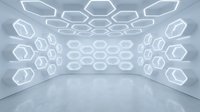 Futuristic white interior with glowing hexagonal panels on curved walls. Modern sci-fi room design for technology, innovation and digital concepts.
