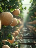 Fresh cantaloupe melons growing in modern greenhouse with water drops and sunlight streaming through leaves, creating magical bokeh effect in background.