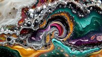 Swirling abstract art with vibrant turquoise, purple, and gold tones featuring pearlescent bubbles and metallic liquid effects creates mesmerizing fluid patterns.