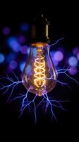 Vintage Edison bulb with glowing filament surrounded by electric lightning bolts on dark background with colorful bokeh lights for energy concepts.