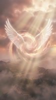 Ethereal white wings spiral upward through golden light rays and pink clouds above misty mountains, creating a spiritual and heavenly scene for religious or inspirational design projects.