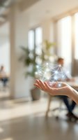 Hand holding glowing network connections in modern office space representing digital transformation and connectivity solutions for business innovation.