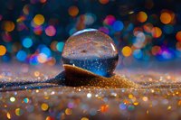 Crystal ball on golden glitter sand reflects colorful bokeh lights creating magical atmosphere with blurred background for festive or spiritual concepts.