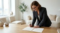 Professional businesswoman in dark suit signing documents at wooden table in modern bright office with white sofa and plant in background.