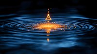 Golden water drop creates ripples in dark blue liquid surface with glowing particles and light reflections for science and nature concepts.