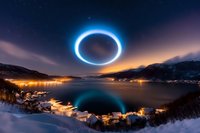 Glowing blue ring portal in night sky over snowy fjord landscape with illuminated coastal village and mountain reflections in calm water at dusk.