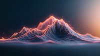 Glowing mountain peaks illuminated by sunset light create dramatic silhouette against dark sky, with ethereal mist flowing around base in surreal landscape scene.