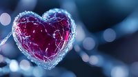 Glowing red heart shape encased in delicate ice crystals against blurred blue background with bokeh lights creates romantic winter atmosphere.