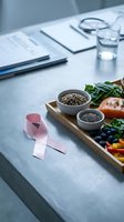 Pink ribbon with healthy superfood platter on office desk featuring salmon, quinoa, chia seeds and fresh vegetables for cancer awareness nutrition education.