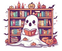 Cute ghost reading book in library with Halloween decorations, pumpkins, bats and candles on bookshelf background, kawaii cartoon character for seasonal design.