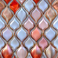 Elegant teardrop pattern in coral, rose gold and pearl white with metallic copper borders creates luxurious seamless texture for upscale interior design projects.