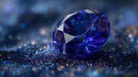Brilliant blue sapphire gemstone with sparkling facets on glittery surface with bokeh lights creating luxury jewelry and precious stone concept for elegant designs.