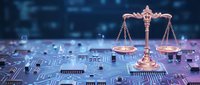 Digital scales of justice on circuit board background symbolizing legal technology, cybersecurity law, and digital compliance for business and regulatory concepts.