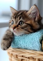 Adorable tabby kitten with big eyes resting head on turquoise towel in wicker basket, soft focus portrait capturing innocent expression and fluffy fur.