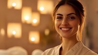 Young professional woman smiling warmly in modern office environment with soft bokeh lighting background for business and corporate presentations.