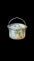 Vintage metal cooking pot with lid and handle isolated on transparent background, ready for clipart, t-shirt design, print-on-demand, stickers, and sublimation projects.