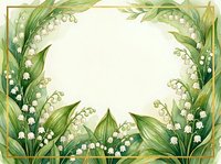 Watercolor lily of the valley floral frame with green leaves and white bell flowers, golden border, copy space for text or design.