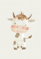 Cute watercolor cow with rosy cheeks and gentle smile on light background, isolated illustration for nursery art, children prints and baby decor.