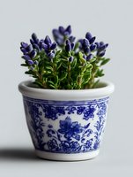 Purple lavender plant in decorative white ceramic pot with traditional blue floral pattern against light background, suitable for home decor and gardening concepts.