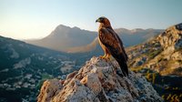 Majestic hawk perched on rocky mountain peak at sunset, silhouetted against dramatic mountain landscape with golden sunlight illuminating rugged terrain.