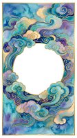 Watercolor cloud frame with swirling patterns in blue purple tones, isolated white center space for text or design elements, decorative border artwork.