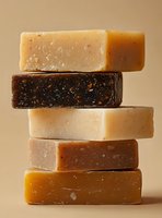 Stack of handmade natural soap bars in various colors and textures including honey, oatmeal, and herbal varieties for skincare and wellness.