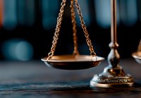 Decorative brass scales of justice on dark wooden surface with blurred background, symbol of law and legal system, close-up view with selective focus.
