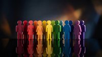 Colorful rainbow human figures standing in row representing diversity, inclusion, teamwork and unity concepts for business presentations.