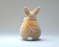Back view of cream-colored bunny rabbit with fluffy fur and long ears sitting on light gray background, showing cute round body shape and cottontail. Perfect for Easter designs.