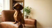 Adorable brown dachshund dog sitting on leather armchair in cozy living room with natural sunlight streaming through window creating warm atmosphere.