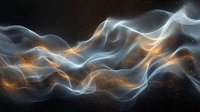 In cosmic dance against dark background, combining blue luminescence with golden sparks in abstract flowing pattern.