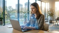 Woman with long dark hair, Caucasian ethnicity, wearing business casual attire with a blue plaid shirt and brown jacket, working on laptop in modern office with city skyline view and holographic data visualization overlay, representing technology, business analytics, and professional work environment.
