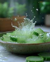 Fresh cucumber slices creating dynamic water splash in ceramic bowl with natural green background, captured in high-speed photography for food and beverage advertising.