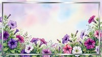 Watercolor floral frame with purple pink flowers and green leaves on soft pastel background for wedding invitations greeting cards and spring designs.