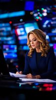 Professional blonde female news anchor writing notes at broadcast desk in television studio with colorful monitor displays and media equipment in background.
