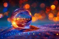 Crystal ball on sparkling surface with magical orange and blue bokeh lights creating mystical atmosphere against dark background. Glowing sphere reflects winter evening.