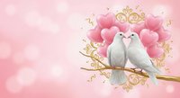 Two white doves perched on golden ornate branch surrounded by pink hearts and decorative swirls on soft pink bokeh background for romantic designs.