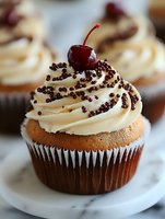 Chocolate cupcake with vanilla buttercream frosting topped with fresh cherry and chocolate sprinkles on white plate for bakery dessert menu display.
