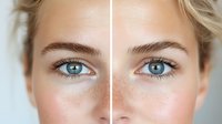 Close up portrait showing skin texture comparison with retouched and natural sides demonstrating beauty editing effects and facial features in bright lighting.