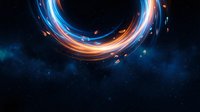 Abstract glowing circular light trails in blue and orange colors creating dynamic energy ring against dark cosmic background for modern digital designs.