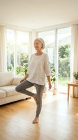 Senior woman with gray hair practicing yoga or stretching in bright modern living room with large windows, wooden floors, and natural light for wellness and healthy lifestyle content.
