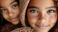 Two young girls with freckles smiling at camera, close-up portrait showing natural beauty and friendship, warm lighting creates intimate childhood moment.