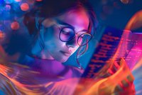 Young Asian woman in glasses illuminated by vibrant neon lights and bokeh effects, creating dreamy cyberpunk atmosphere with pink and blue color palette.