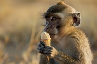 Young macaque monkey enjoying ice cream cone in natural habitat, close-up portrait showing facial expression and detailed fur texture in warm evening light.